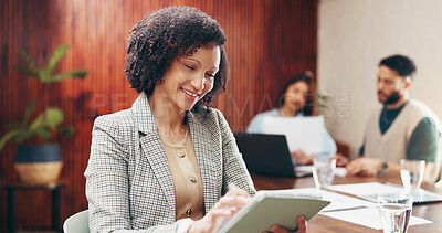 Buy stock photo Tablet, smile and research with business woman in office for event planning, project budget and review. Timeline progress, reading and program manager with person in creative agency for checklist