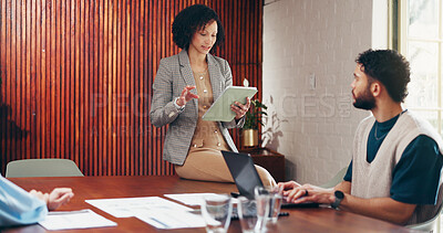 Buy stock photo Meeting, tablet and business people in office with creative project in collaboration for publishing. Discussion, laptop and editor group with documents for feedback, review or advice in workplace