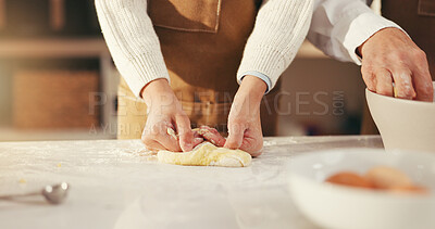 Buy stock photo Hands, parent and kid with baking dough in home for cookies, learning and development. Family, people and girl kneading pastry in kitchen for scones recipe, culinary skills and dessert preparation