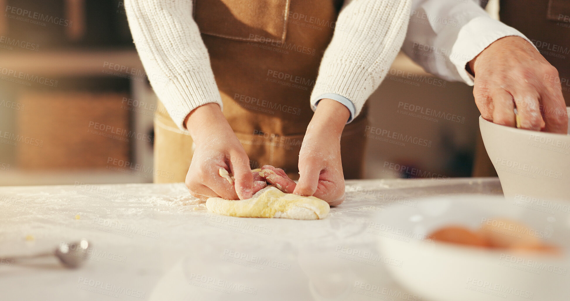 Buy stock photo Hands, parent and kid with baking dough in home for cookies, learning and development. Family, people and girl kneading pastry in kitchen for scones recipe, culinary skills and dessert preparation