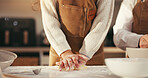 Hands, parent and child with baking dough in kitchen for cookies recipe, learning and development. Family, people and girl kneading ingredients for pastry dessert, culinary skills and helping in home