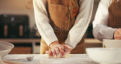 Buy stock photo Hands, parent and child with baking dough in kitchen for cookies recipe, learning and development. Family, people and girl kneading ingredients for pastry dessert, culinary skills and helping in home