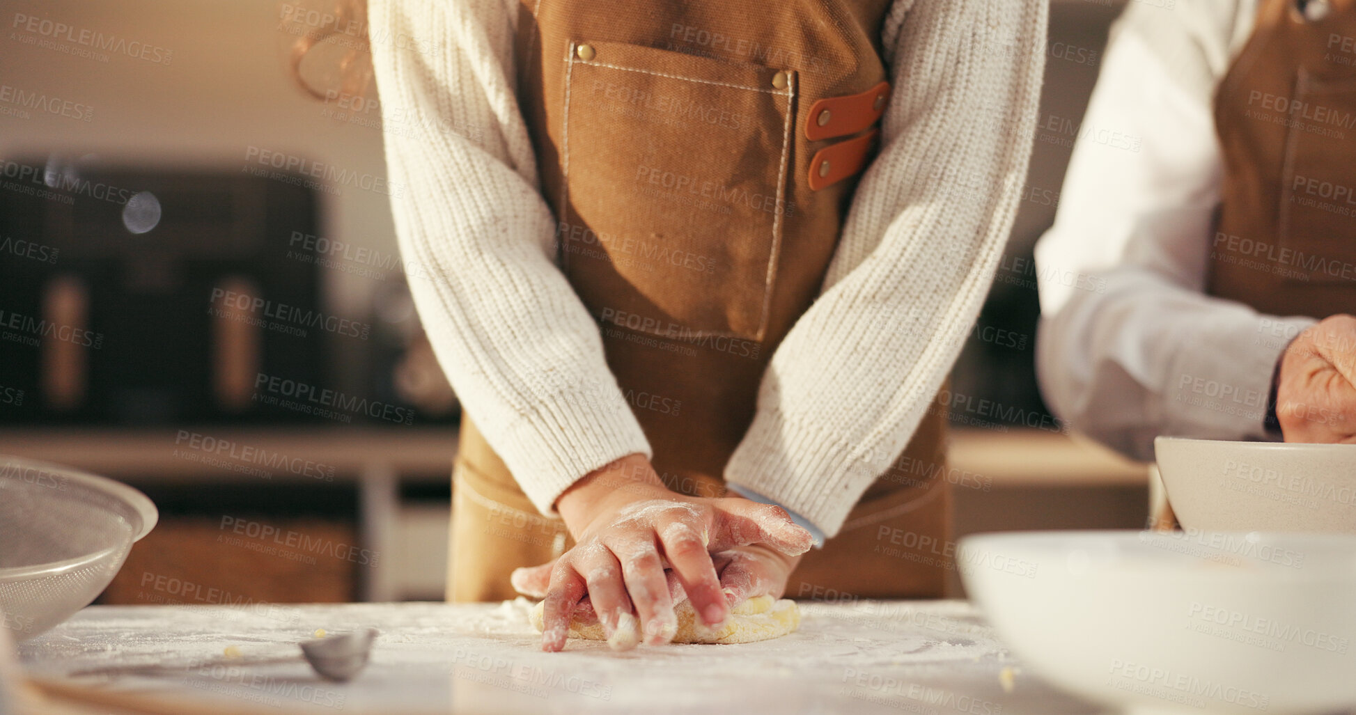 Buy stock photo Hands, parent and child with baking dough in kitchen for cookies recipe, learning and development. Family, people and girl kneading ingredients for pastry dessert, culinary skills and helping in home