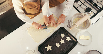 Buy stock photo Baking, cookies and hands of people in kitchen together for ingredients or recipe from above. Cooking, process and tray with family in apartment for learning how to bake or prepare pastry biscuits