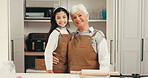 Happy grandma, grandchild or portrait with baking help, teamwork or fun together in kitchen. Grandmother, grandkid and smile with love, hug or apron for learning, culinary lesson or bonding in house