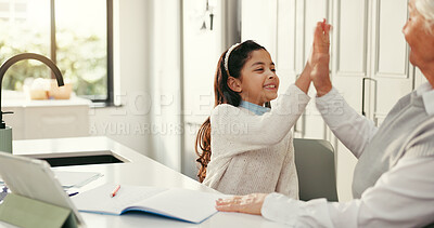 Buy stock photo Happy grandchild, grandma and high five with book for learning, education or help in kitchen. Senior woman, girl or kid with smile, tablet or notebook for homework or child development together