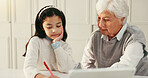 Girl, grandmother and support with homework, writing and book with help, online course and education in home. People, grandma and child with guide, learning and care for development at family house