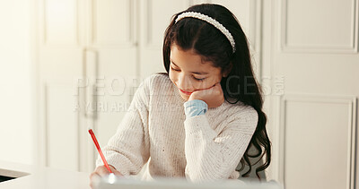 Buy stock photo Happy, education and child with homework in house for learning, growth or development. Writing, knowledge and girl student with ideas for studying with school exam, test or assignment in apartment