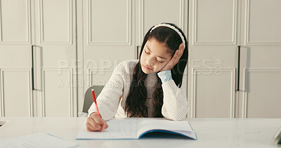 Buy stock photo Ideas, education and child with homework in house for learning, growth or development. Writing, knowledge and girl student with thinking for studying with school exam, test or assignment in apartment