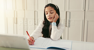 Buy stock photo Girl, child and writing with homework, book and tablet for e learning, maths and problem solving for quiz. Kid, pupil and notes with solution for online course, development and education at house