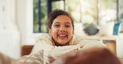 Buy stock photo Portrait, relax and happy child laugh in home on weekend break for peace, calm and comfort in house. Smile, funny girl and kid in living room for rest, chill and growth for development in Brazil