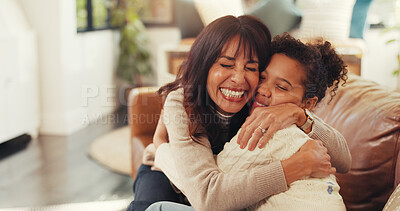 Buy stock photo Laugh, hug and mom with child on sofa for bonding, relationship and support in living room. Family, parenting and happy mother with girl embrace in home for affection, relax and love on weekend