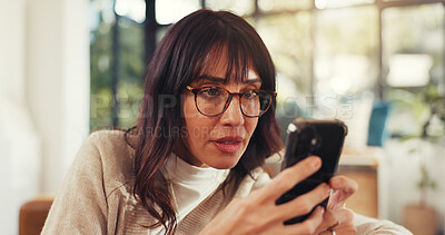 Buy stock photo Home, woman and concerned with smartphone for scam or cybercrime on fake website. Mature person, sofa and annoyed at living room with internet or online fraud and hacking of social media profile