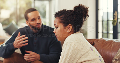 Buy stock photo Sad, child and father scolding at house for explaining rules, discipline and disobedience behaviour. Strict, parent and lecture girl for bad attitude, teaching consequences and warning for boundaries