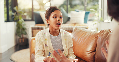 Buy stock photo Child, talk and mother scolding at house for explaining rules, discipline and disobedience behaviour. Strict, parent and lecture girl on bad attitude, teaching consequences and warning for boundaries