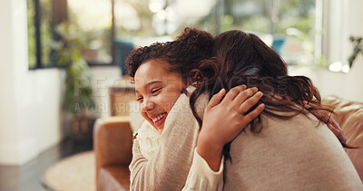 Buy stock photo Happy, hug and mom with child on sofa for bonding, relationship and support in living room. Family, parenting and mother with girl embrace on couch for affection, care and love in home on weekend