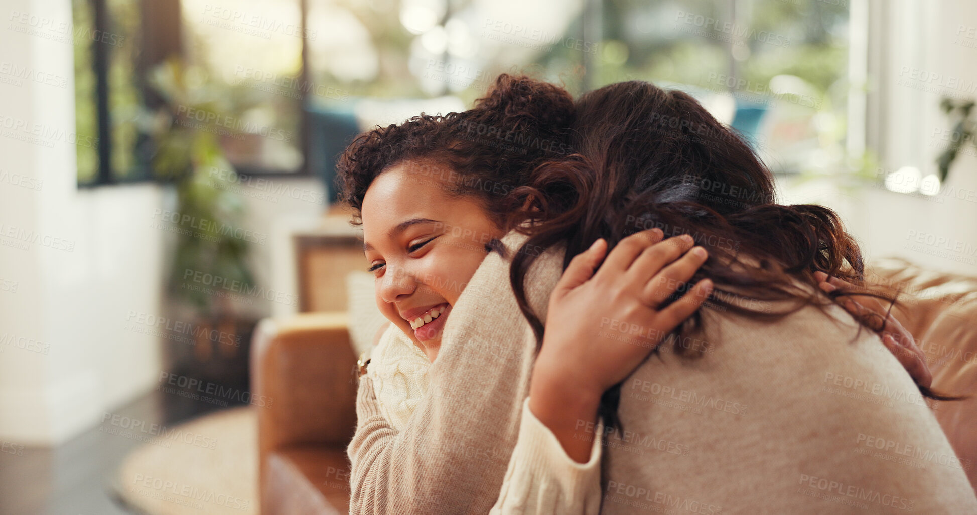 Buy stock photo Happy, hug and mom with child on sofa for bonding, relationship and support in living room. Family, parenting and mother with girl embrace on couch for affection, care and love in home on weekend