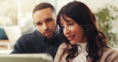 Buy stock photo Couple, relax and happy with tablet in home, search and choice for movie with bonding, care and love. People, man and woman with tech, smile or application for streaming subscription at apartment