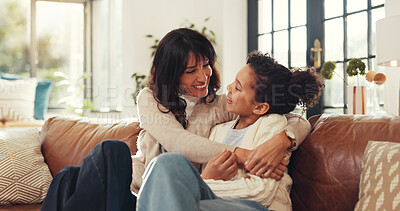 Buy stock photo Happy, hug and mom with girl on sofa for bonding, relationship and support in living room. Family, parenting and mother with child embrace on couch for affection, care and love in home on weekend
