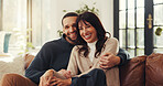 Happy, hug and portrait of couple on sofa in home with love, bonding or marriage connection. Smile, relax and man embracing woman with care for relationship in living room for weekend together.