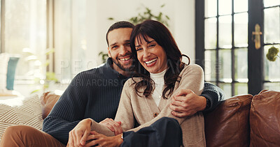 Buy stock photo Happy, hug and portrait of couple on sofa in home with love, bonding or marriage connection. Smile, relax and man embracing woman with care for relationship in living room for weekend together.