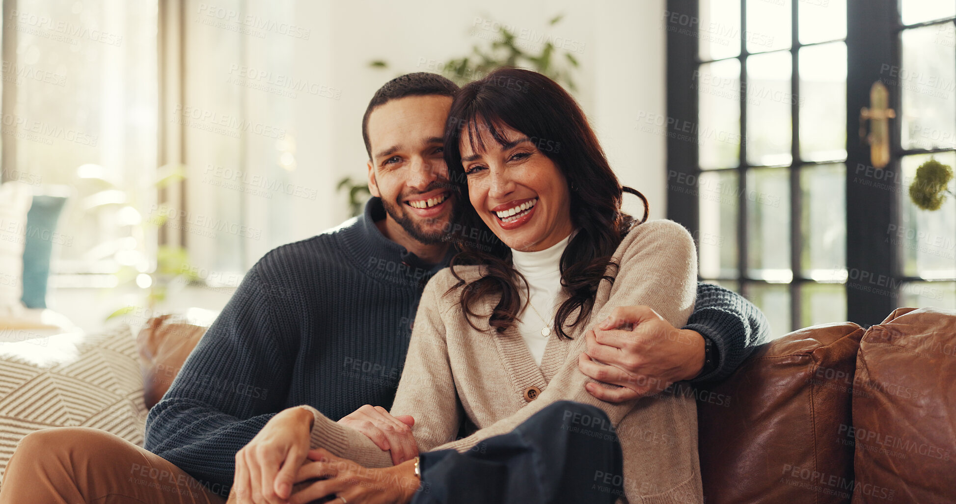 Buy stock photo Happy, hug and portrait of couple on sofa in home with love, bonding or marriage connection. Smile, relax and man embracing woman with care for relationship in living room for weekend together.