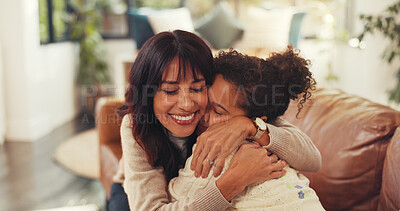 Buy stock photo Happy, hug and mom with child in home for bonding, relationship and support on sofa in living room. Family, parenting and mother with girl embrace on couch for affection, care and love on weekend