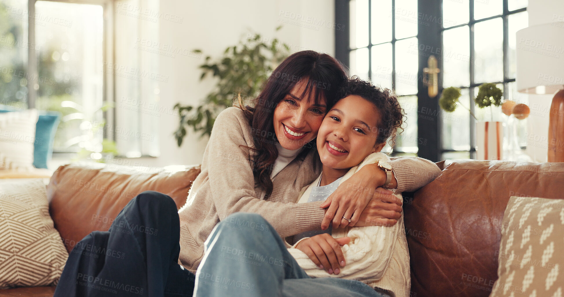 Buy stock photo Portrait, hug and mom with child on sofa for bonding, relationship and support in living room. Family, parenting and happy mother with girl embrace in home for affection, care and love on weekend