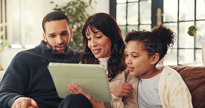Buy stock photo Parents, girl and relax with tablet on sofa, smile and choice for film, bonding and streaming in lounge. Father, mother and daughter with love, tech or application for movies on couch at family house