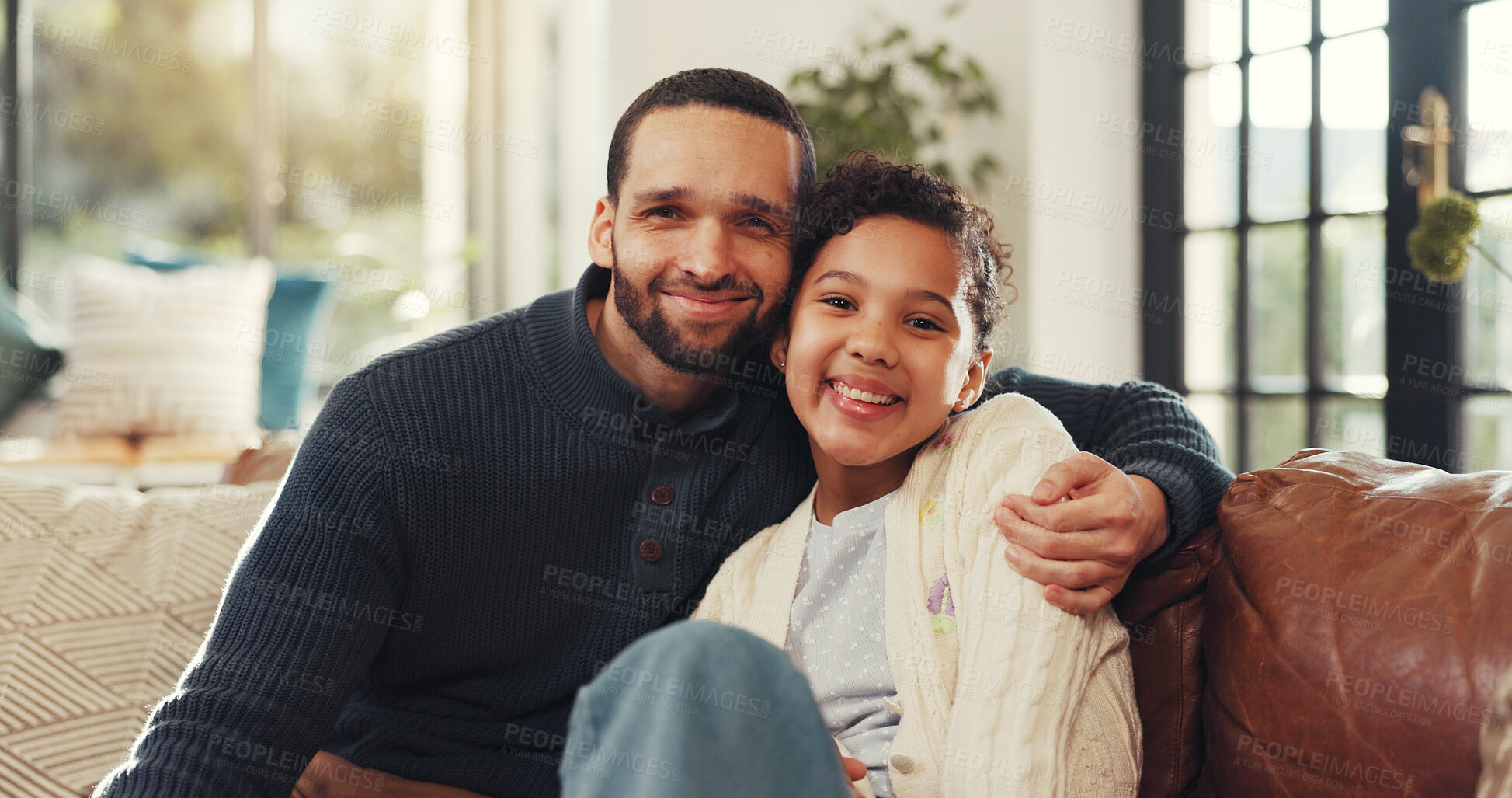 Buy stock photo Portrait, father and happy child hug in home for love, care and family connection with parent. Smile, dad and girl embrace on sofa together for trust, support and security with daughter in lounge