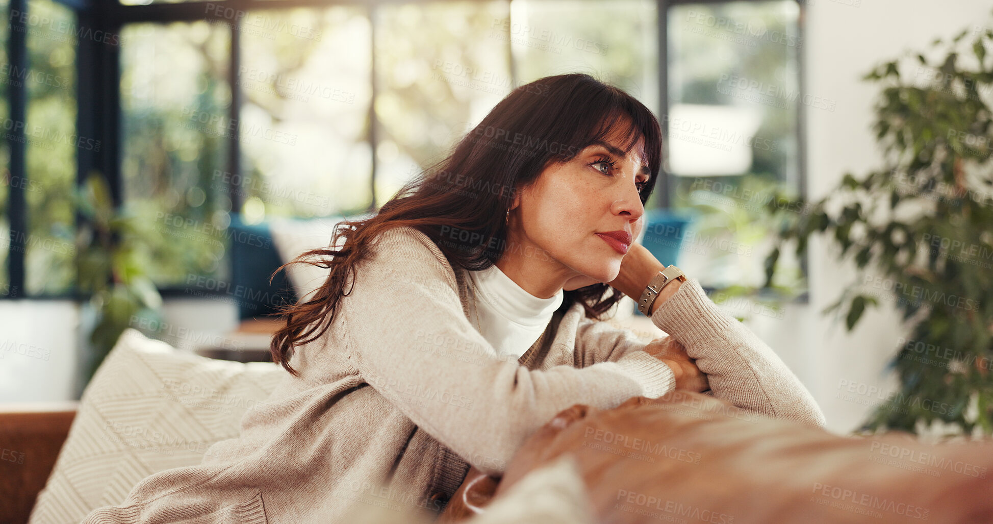 Buy stock photo Woman, rest and thinking on couch in home for reflection, nostalgia and memory in living room. Person, tired and break on sofa with insight, inspiration or perspective for decision at apartment
