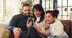 Parents, girl and relax with phone on sofa, laugh and streaming funny video with bonding in lounge. Father, mother and daughter with love, smartphone and app with comic post on couch at family house