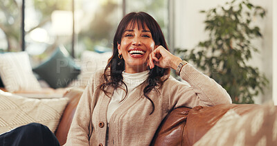 Buy stock photo Laughing, portrait and relax with woman on sofa in living room of home for weekend break or wellness. Comedy, comfortable and funny with happy person resting in apartment for humor, joy or me time