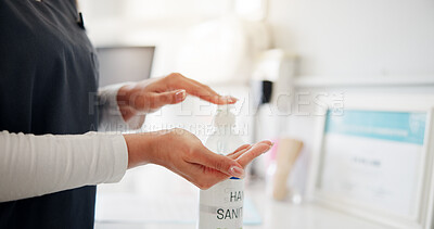 Buy stock photo Hands, healthcare and woman in clinic with sanitizer, protection or compliance in risk management. Hygiene, medical and nurse in hospital with disinfectant, safety or protocol in preventative measure