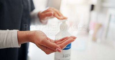 Buy stock photo Person, dentist and sanitize hands for hygiene, patient safety and preparation for dental surgery. Woman, closeup and sanitary dispenser of germs removal, stop bacteria and cleaning liquid for health