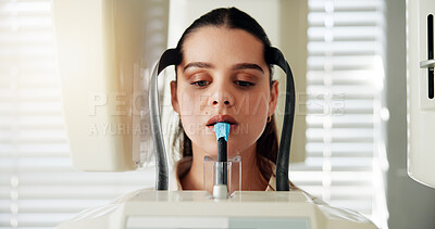 Buy stock photo Healthcare, consulting and xray with woman at dentist for scan, oral hygiene and orthodontics. Dental treatment, teeth implant and wellness with person for mouth screening and radiography image