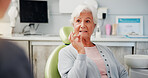 Mature woman, dentist and talk for oral hygiene, teeth whitening or healthcare checkup. Dental care, client and patient for cavity extraction, root canal examination and service with consultation
