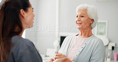 Buy stock photo Help, consulting and advice with old woman at dentist for denture, oral hygiene and orthodontics. Dental treatment, teeth implant and wellness with senior patient for dry mouth and gingivitis