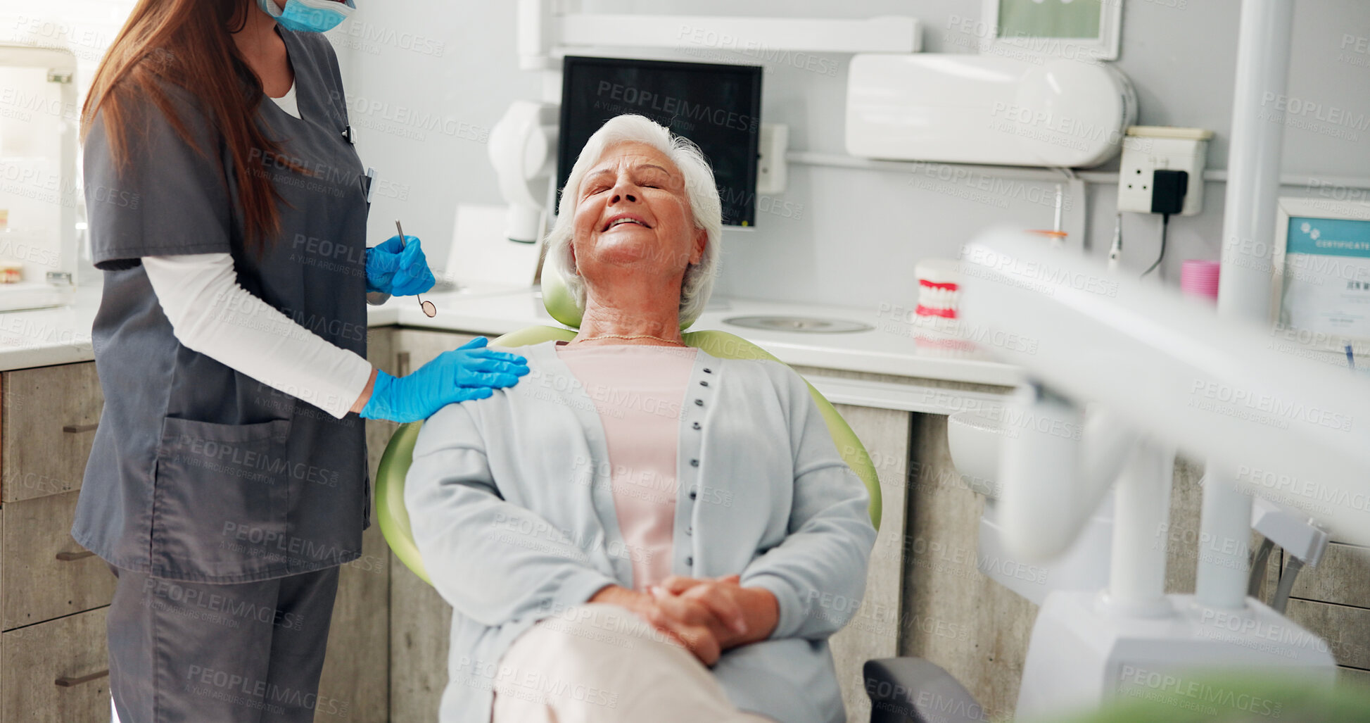 Buy stock photo Dentist, consultation and senior woman with wellness, teeth whitening and inspection. People, doctor and patient with dental cleaning, calm and checkup with cosmetic dentures and hygiene results