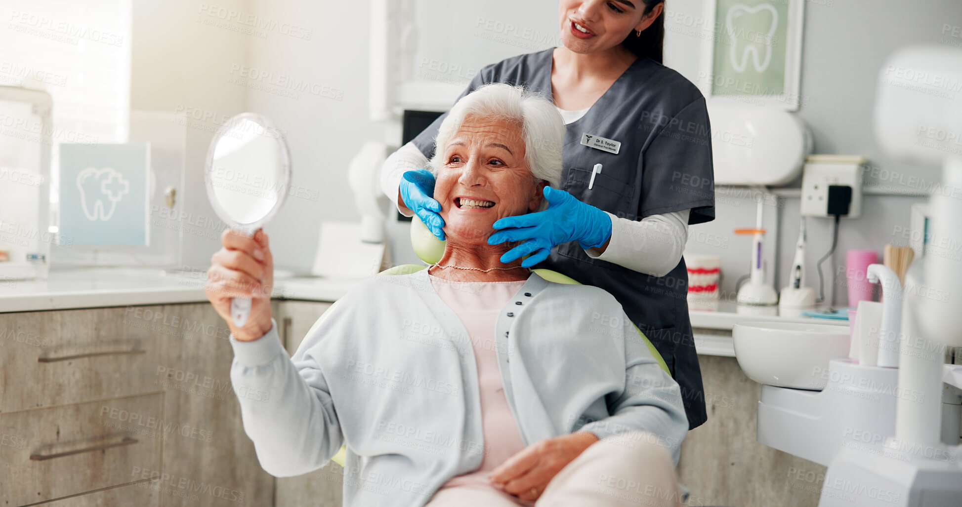 Buy stock photo Dentist, senior woman and mirror with results for teeth whitening, dental implant or oral care. Retirement, healthcare and doctor with happy old patient in clinic for dentures or root canal treatment