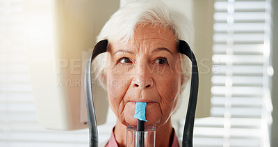 Buy stock photo Medical, dental scan and senior woman in hospital for healthcare, assessment and examination. Xray procedure, patient and female person in clinic for oral hygiene, health test and consultation.