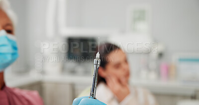 Buy stock photo Injection, needle or dentist in office for patient, pain relief or medicine in medical procedure. Numbing shot, doctor or person in clinic with syringe, dental assessment or treatment for tooth care