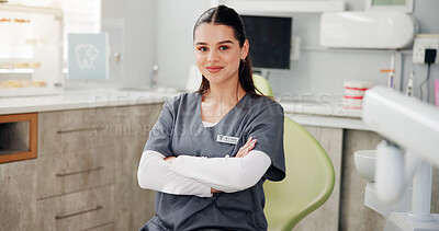 Buy stock photo Arms crossed, portrait and smile of woman dentist in office for hygiene, oral care or teeth whitening. Appointment, healthcare and welcome with friendly dental professional in clinic for consultation