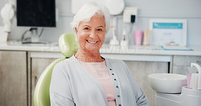 Buy stock photo Dental, portrait and teeth with senior woman in office for appointment, checkup or healthcare. Consultation, medical and smile of old person at dentist for oral care or hygiene as patient in clinic