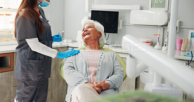 Buy stock photo Dentist, consultation or senior woman with smile, conversation or teeth whitening. Checkup, doctor or elderly patient with dental cleaning, discussion or oral health with cosmetic dentures or hygiene