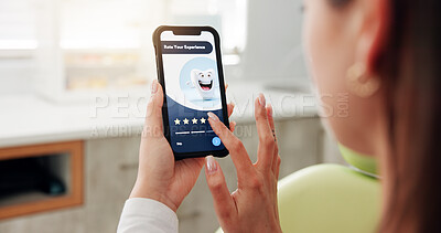 Buy stock photo Hands, woman and phone screen in dentist office for consultation, inquiry and service reviews. Person, patient and mobile app for dental website, appointment survey and information for oral treatment