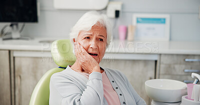 Buy stock photo Mature woman, dentist and pain for oral hygiene, teeth whitening or healthcare checkup. Dental care, clinic and patient for cavity extraction, root canal examination and service with consultation