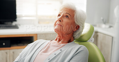 Buy stock photo Dentist chair, health and nervous senior woman with appointment, oral hygiene or root canal. Orthodontics, fear and patient waiting in clinic for dental wellness, toothache or treatment in retirement