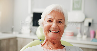 Buy stock photo Dental, portrait and smile of senior woman in office for appointment, checkup or healthcare. Consultation, medical and teeth with old person at dentist for oral care or hygiene as patient in clinic