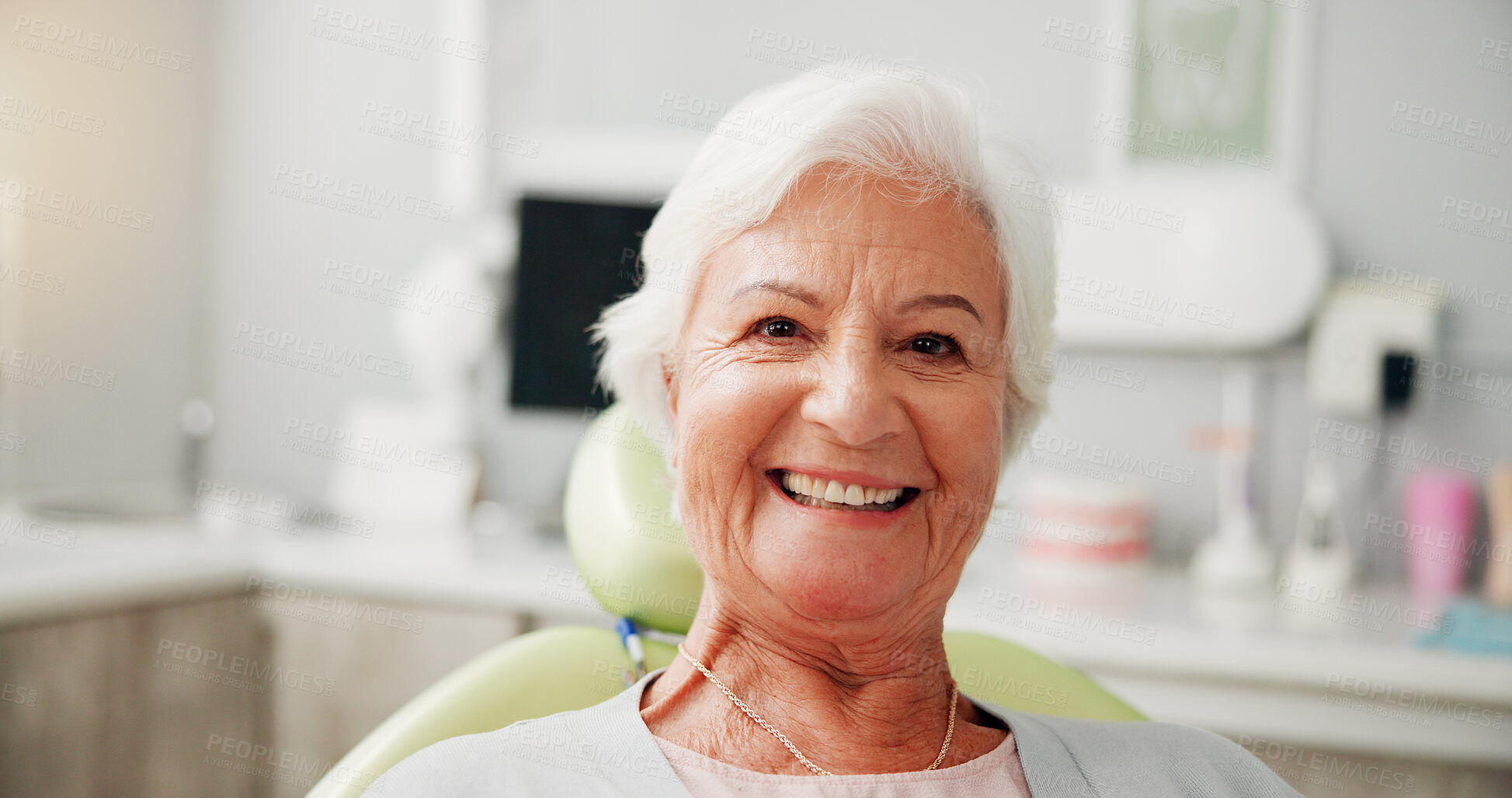 Buy stock photo Dental, portrait and smile of senior woman in office for appointment, checkup or healthcare. Consultation, medical and teeth with old person at dentist for oral care or hygiene as patient in clinic
